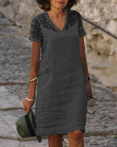 Lace Paneling V-neck Solid Color Cotton Dress