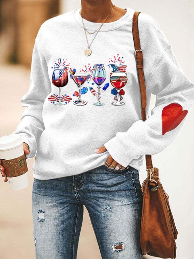 Women's Independence Day Red Wine Glass Flag Print Sweatshirt