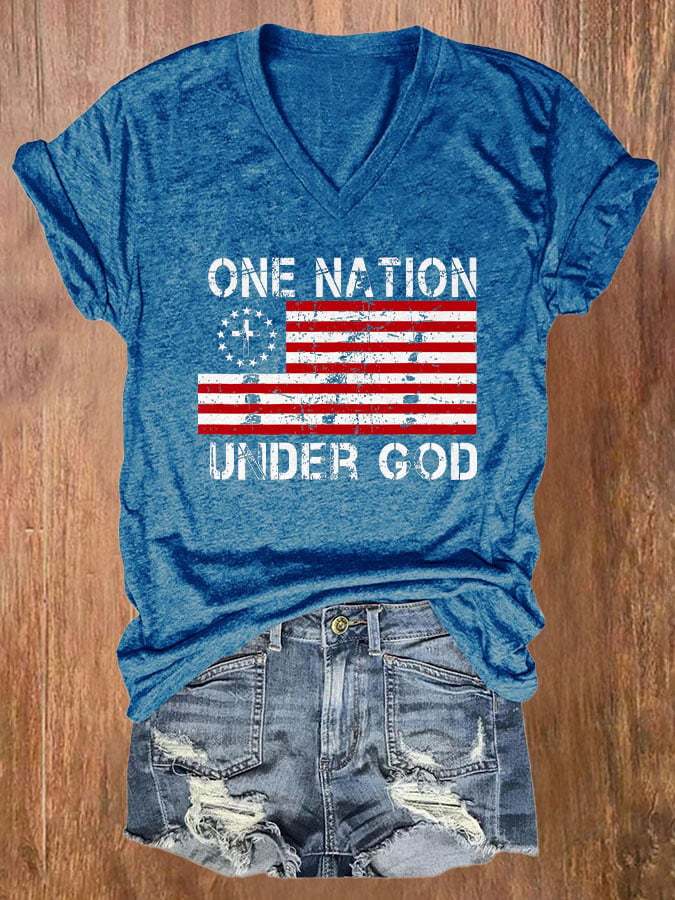 V-neck Retro One Nation Under God Flag Print T-Shirt