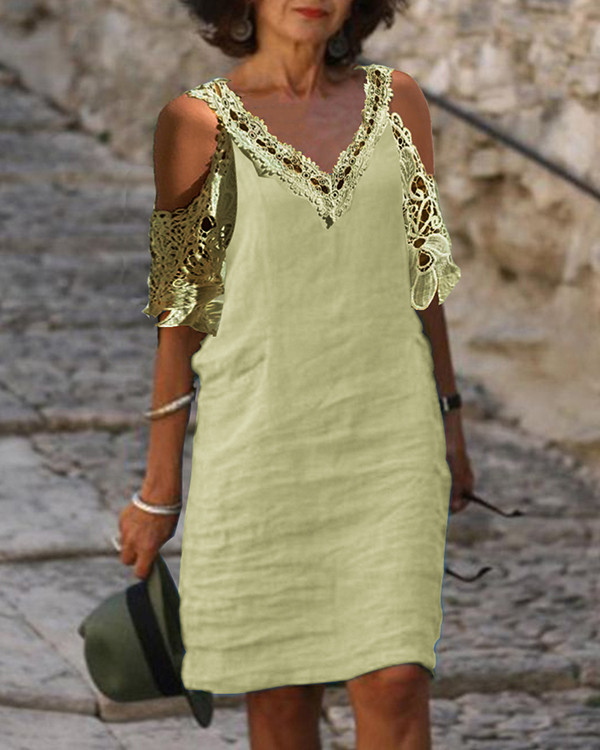 Lace Stitching V-neck Off-the-shoulder Solid Color Cotton Dress