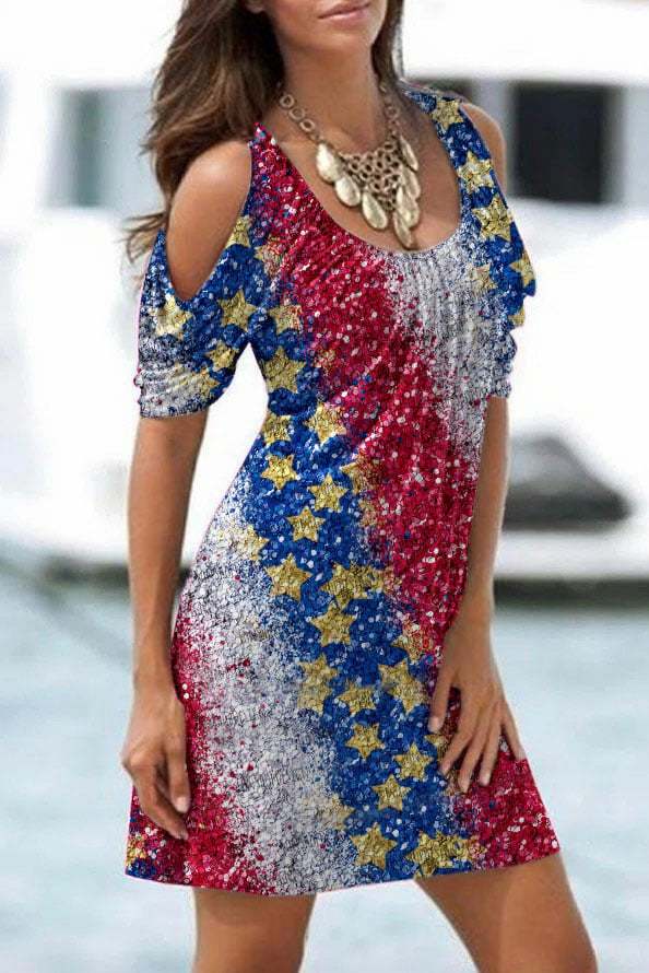 Women's Independence Day Star Print Off Shoulder Dress