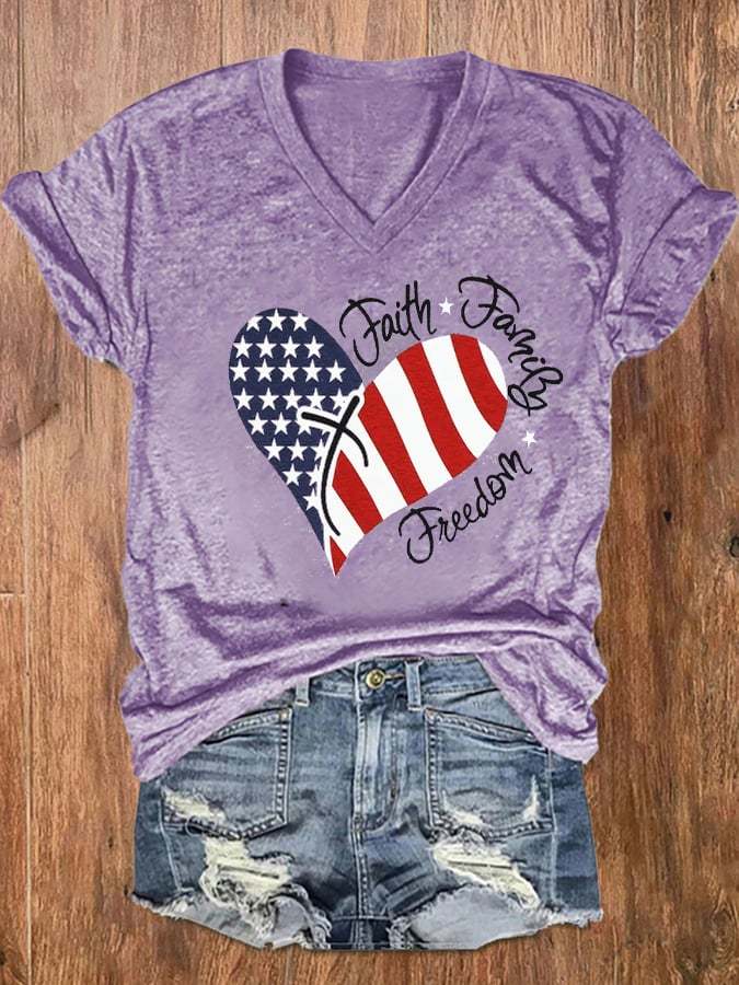 Women's Independence Day American Flag Print Faith Family Freedom V-Neck Tee