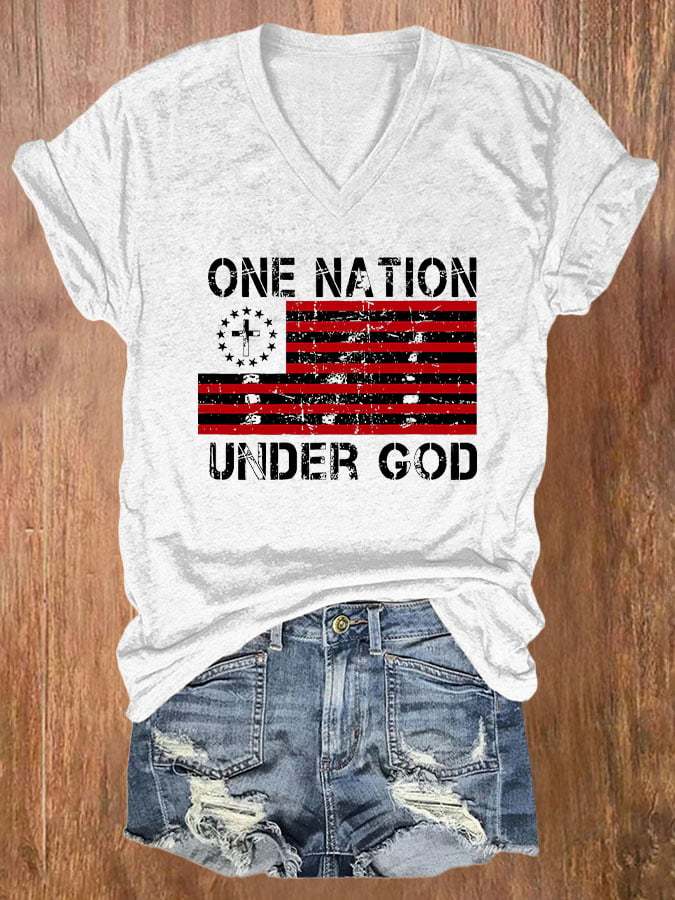 V-neck Retro One Nation Under God Flag Print T-Shirt