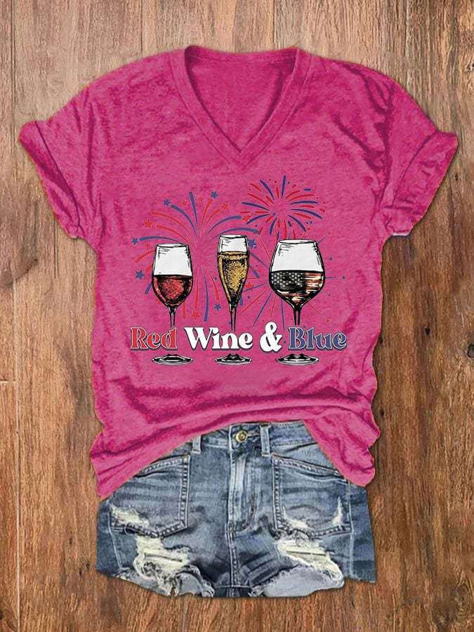 Women's Red Wine Blue 4th Of July Casual V-Neck Tee