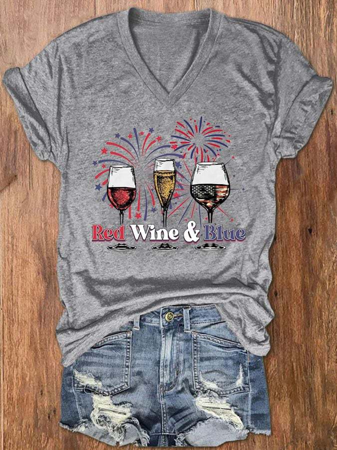 Women's Red Wine Blue 4th Of July Casual V-Neck Tee