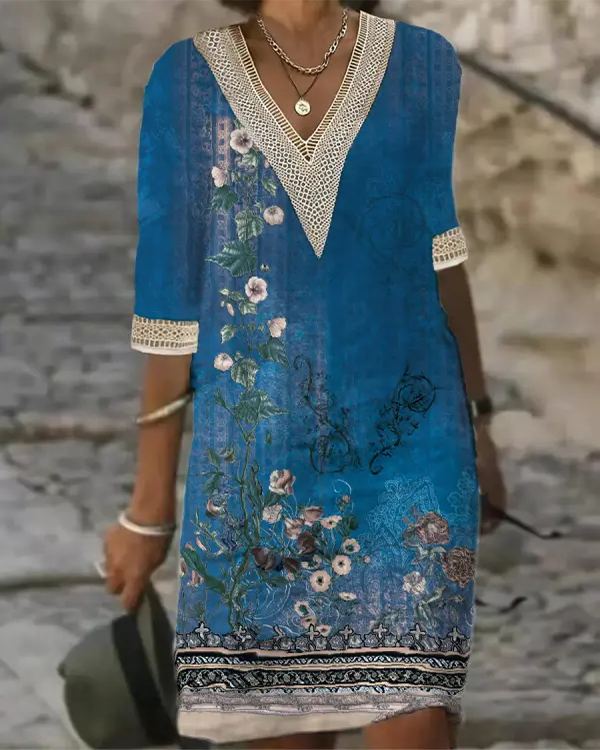 Elegant Ethnic Casual V-neck Dress