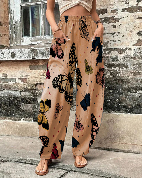 Women's Butterfly Print Loose Wide Leg Casual Pants