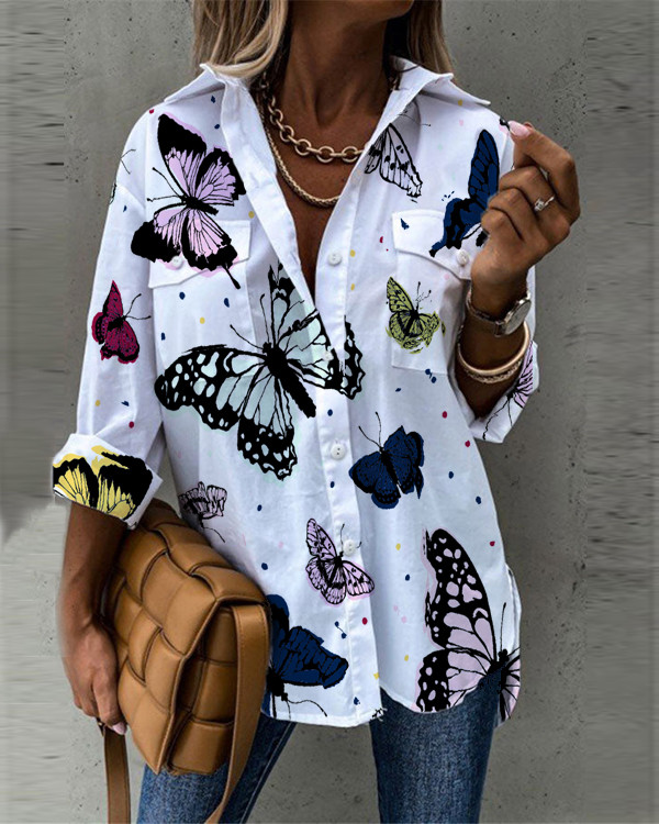 Women's Butterfly Print Long Sleeve Casual Shirt