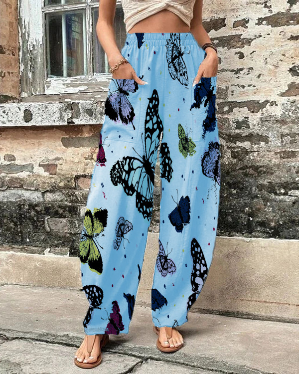 Women's Butterfly Print Loose Wide Leg Casual Pants