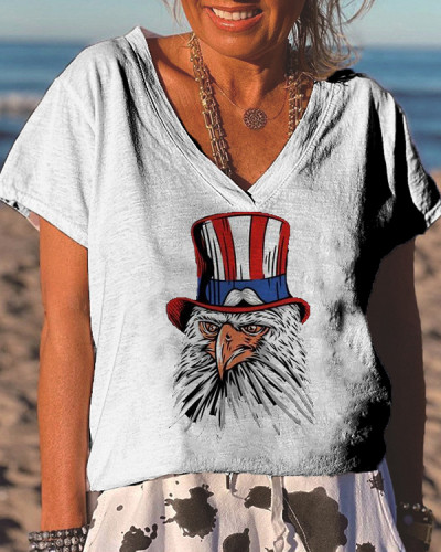 Eagle with Hat Print Casual Short Sleeve T-shirt