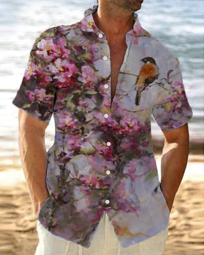 Men's Bird Floral Short Sleeve Loose Casual Shirt