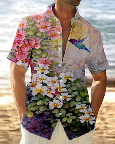 Men's Bird Floral Short Sleeve Loose Casual Shirt