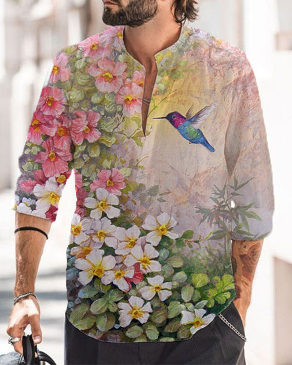 Men's Bird Floral Long Sleeve Loose Casual Shirt