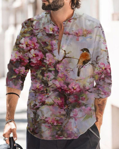 Men's Bird Floral Long Sleeve Casual Shirt