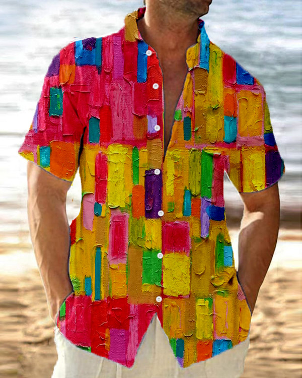 Men's Color Block Splicing Loose Casual Shirt