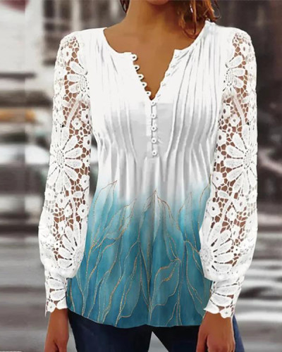 Women's Lace Long Sleeve Button Casual Top