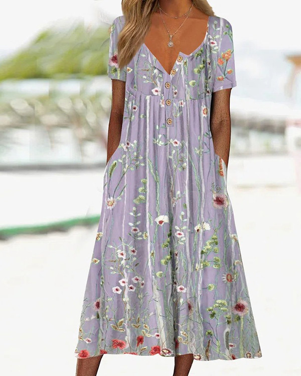 Women's Floral V-neck Short Sleeve Casual Dress