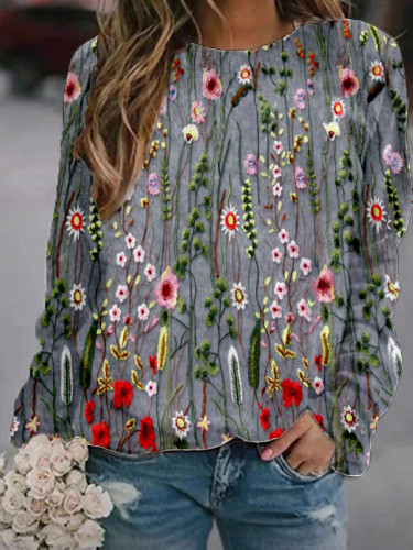 Women's Floral Casual Crew Neck Long Sleeve Top