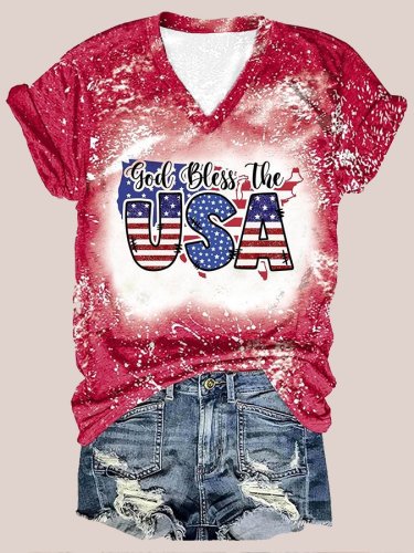 Women's God Bless The USA Tie Dye Print V-Neck Short Sleeve T-Shirt