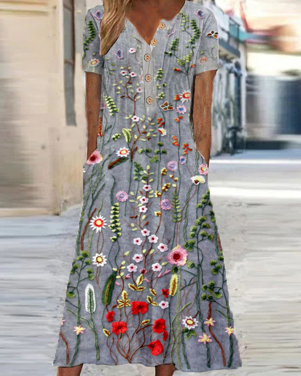 Women's Floral V-neck Short Sleeve Casual Dress