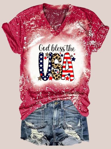 Women's God Bless The USA Tie Dye Print V-Neck Short Sleeve T-Shirt