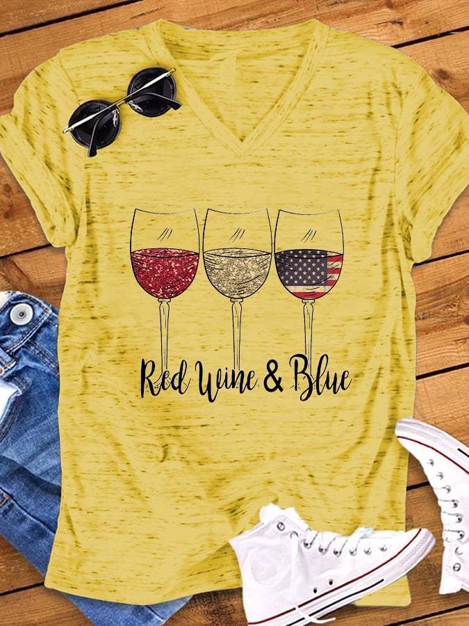 Women's Red Wine Blue Wine Glass Flag Print Snowflake Dot V-Neck Short Sleeve T-Shirt