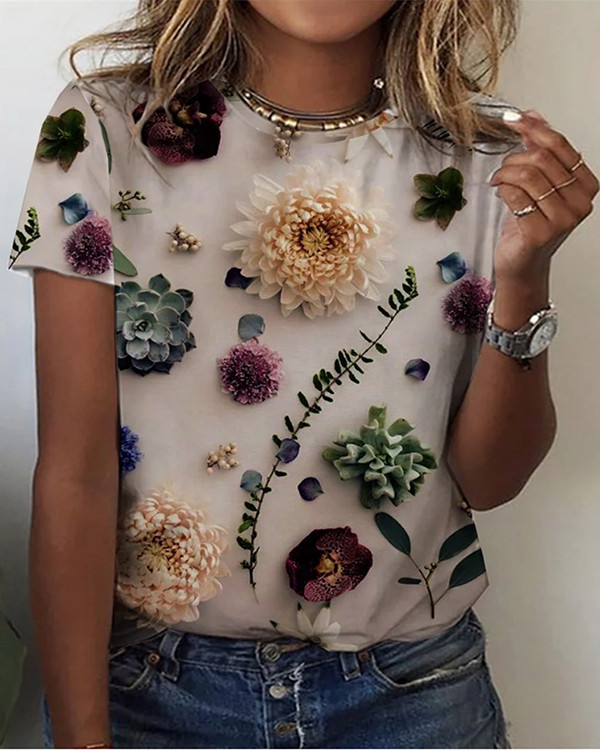 Women's Floral Print Crew Neck Casual T-shirt