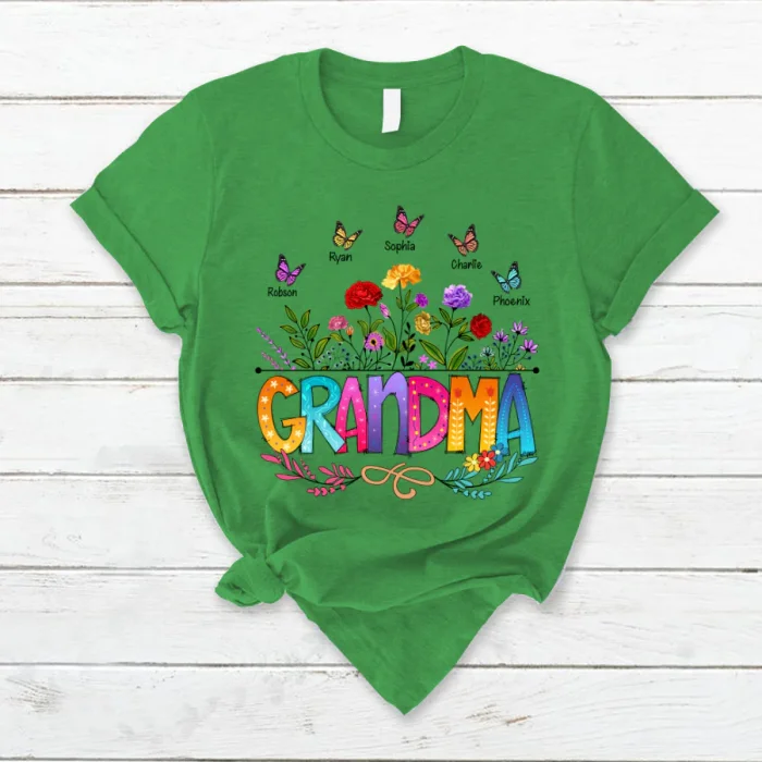 Wildflowers Grandma And Grandkids Butterfly Personalizaion T-Shirt