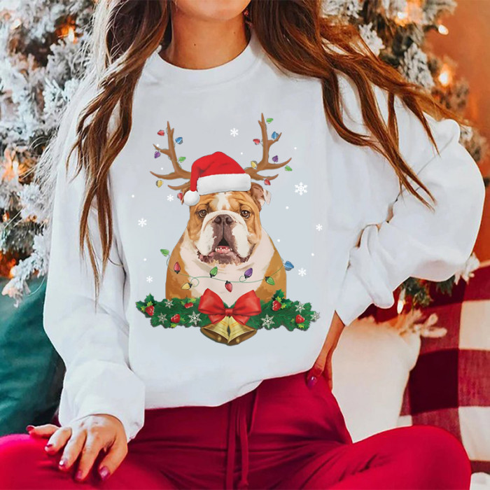 English Bulldog Dog Lover Christmas Tree Lights Santa Sweatshirt