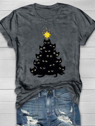 Christmas Tree & Black Cat & Star Print Short Sleeve T-shirt