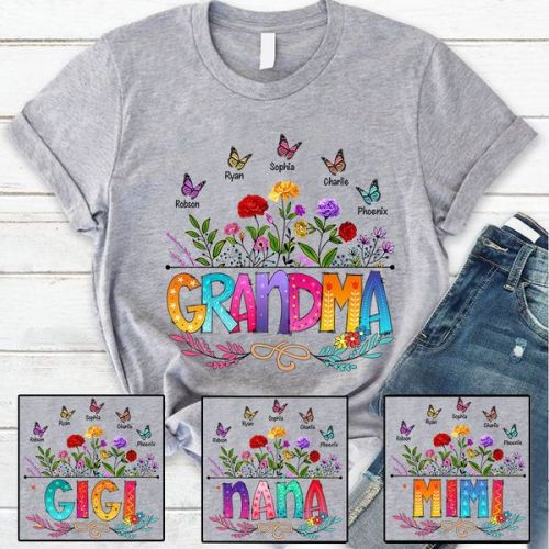 Wildflowers Grandma And Grandkids Butterfly Personalizaion T-Shirt
