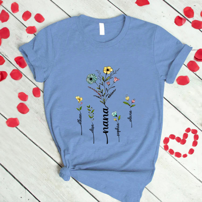 Personalized Nana Shirt Wildflower with Grandkid names T-shirt
