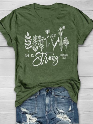 She Is Strong Proverbs 31:25 Flower Print Short Sleeve T-shirt