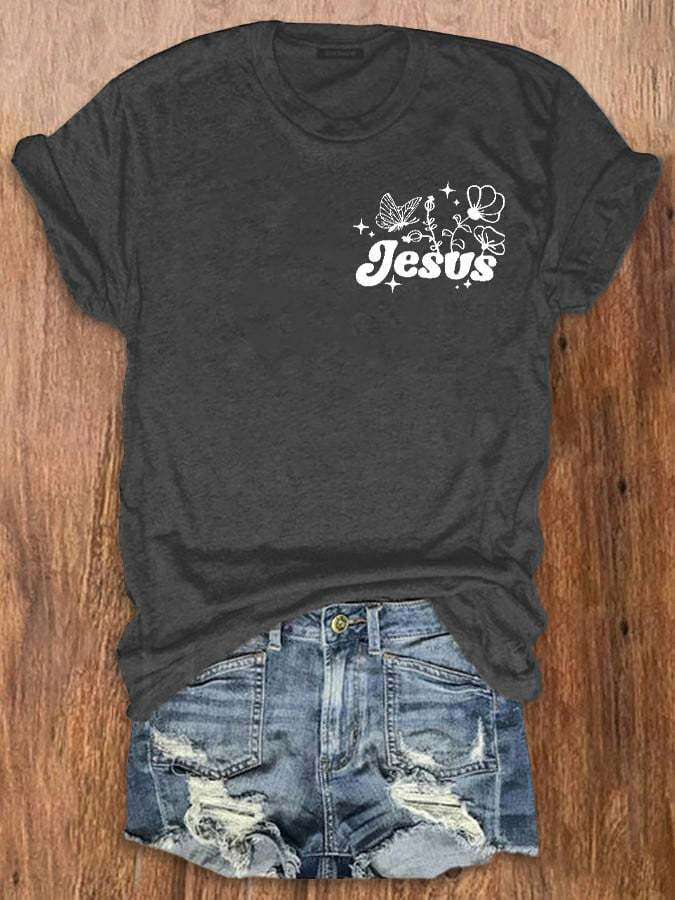 Women's Jesus Wildflowers Print Crew Neck T-Shirt