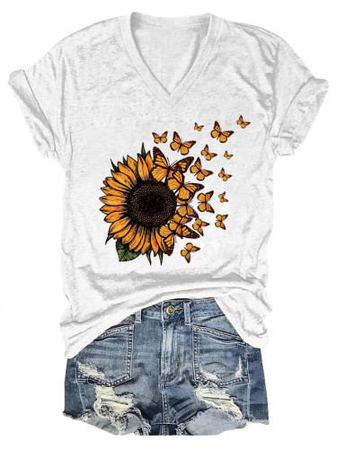 Sunflower Butterfly V-neck T-shirt