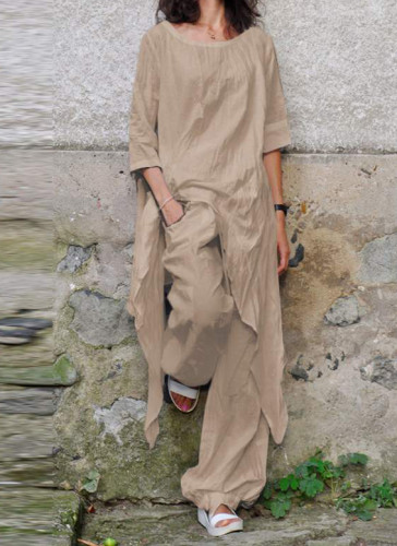 Casual Loose Irregular 3/4 Sleeve Cotton and Linen Two-piece Suit