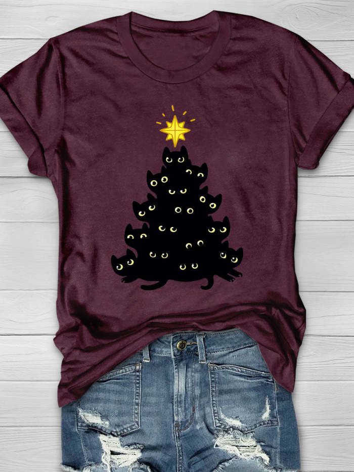 Christmas Tree & Black Cat & Star Print Short Sleeve T-shirt