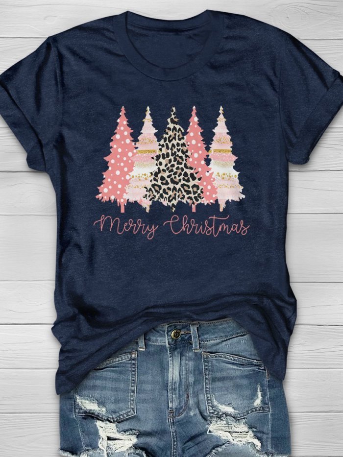 Merry Christmas Pinky Tree Print Short Sleeve T-shirt