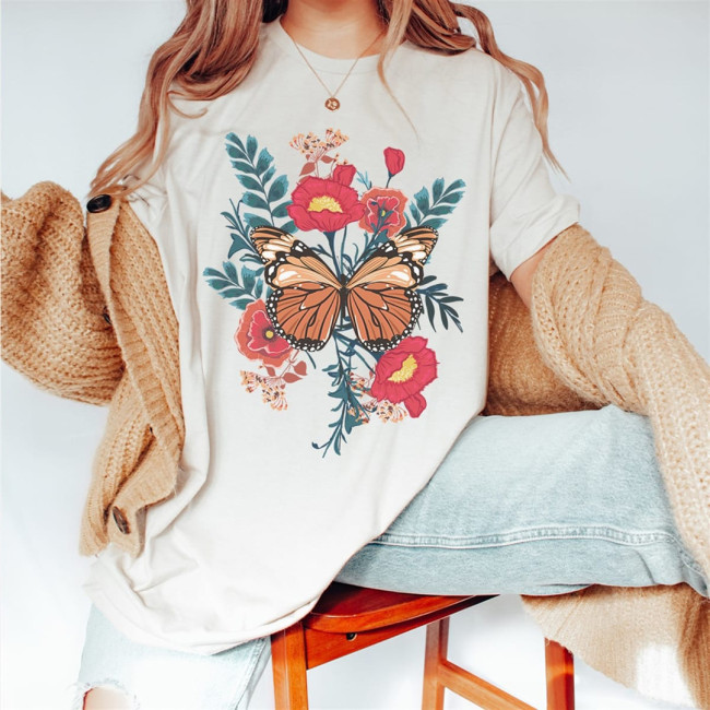 Boho Bold Flowers Butterfly T-shirt