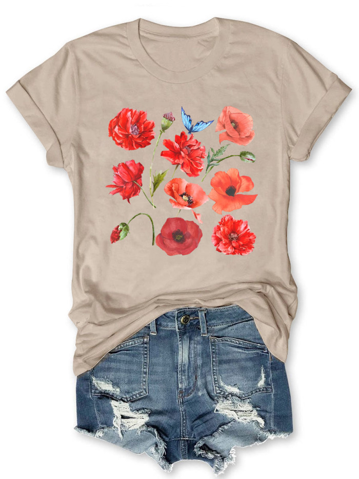 Poppy Flowers And Cute Butterfly T-shirt