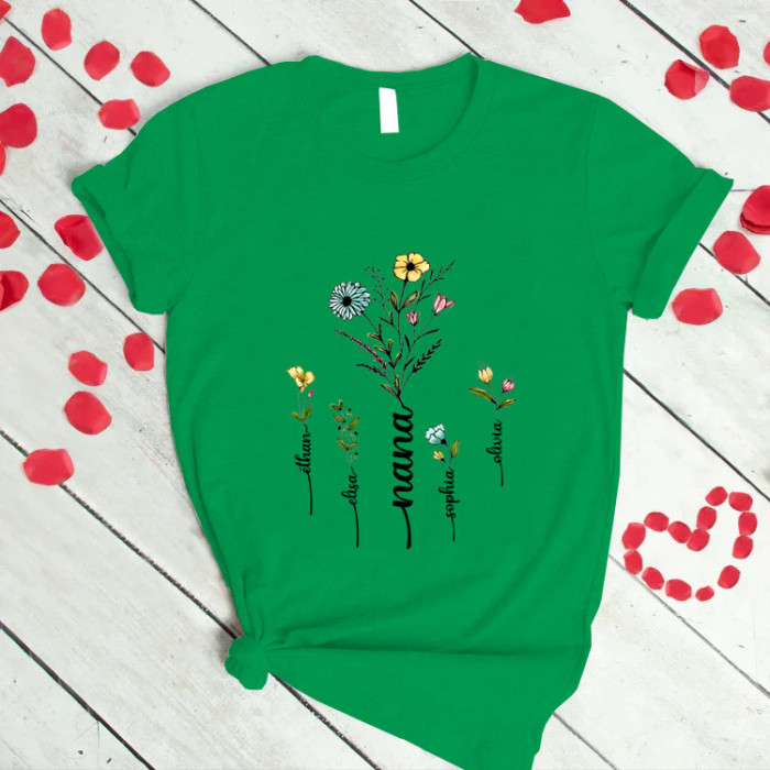 Personalized Nana Shirt Wildflower with Grandkid names T-shirt