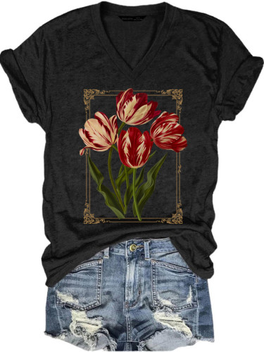 Flowers Dark Botanical V-neck T-shirt