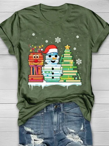 Snowman Book Christmas Tree Print Short Sleeve T-shirt