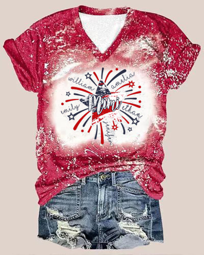 Red Gradient Tie Dye Mimi American Flag V-Neck T-Shirt