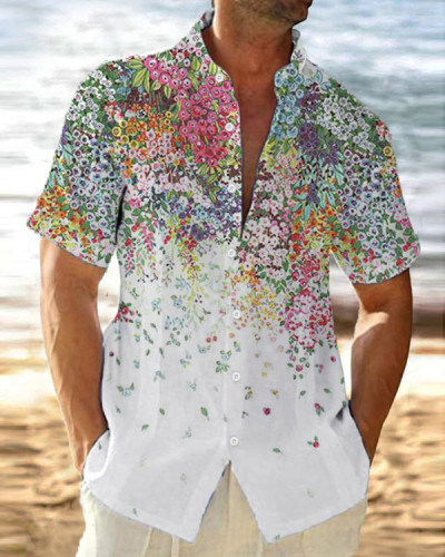 Men's Floral Stand Collar Loose Short Sleeve Shirt