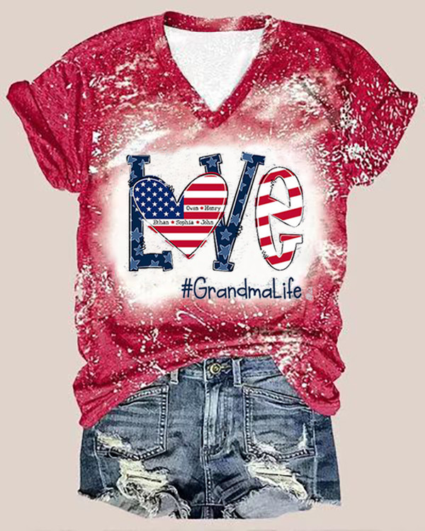 Red Tie Dye Gradient Personalized Love Grandma Life American Flag V-Neck T-Shirt