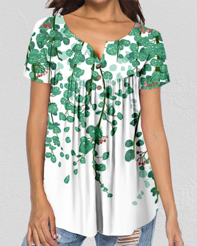 Women's Leaf Print Short Sleeve Casual T-shirt