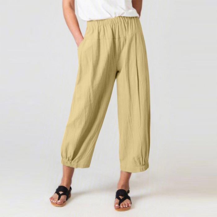 Casual Loose Cotton and Linen Cropped Wide-leg Women's Pants