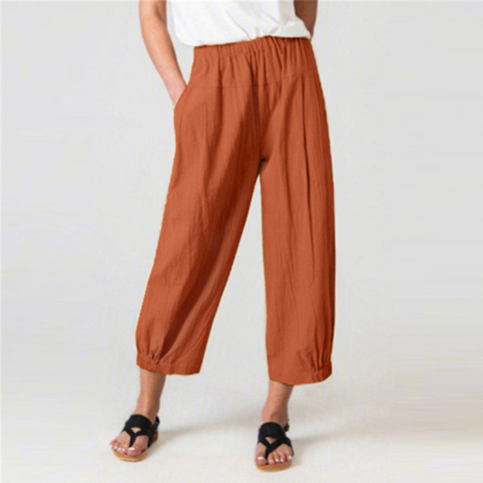 Casual Loose Cotton and Linen Cropped Wide-leg Women's Pants