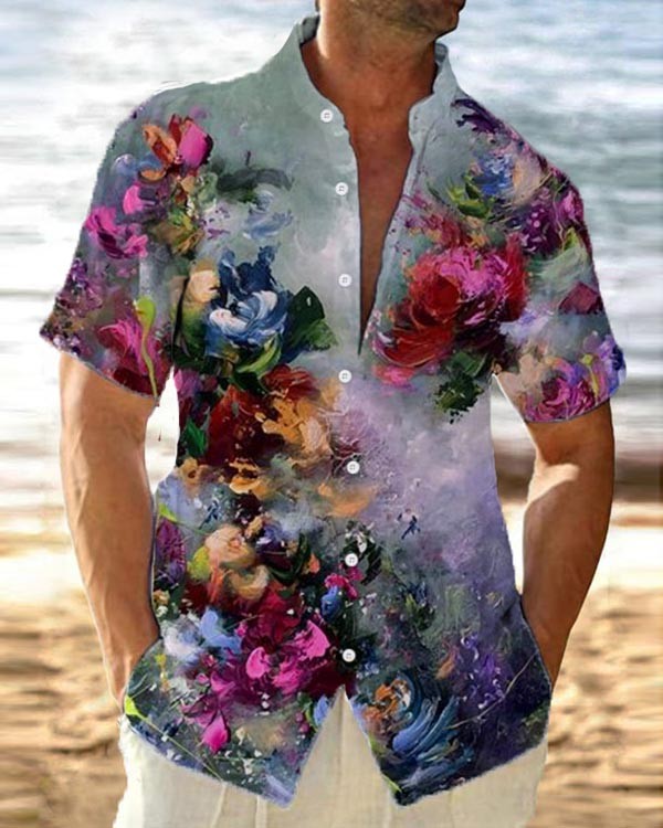 Men's Artistic Floral Stand Collar Loose Short Sleeve Shirt